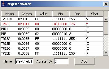 akceptování úrovně tlačítka/přepínače během simulace musí být brány ve vstupním režimu. Watch register Formou tabulky zobrazuje aktuální stav sledovaných registrů.
