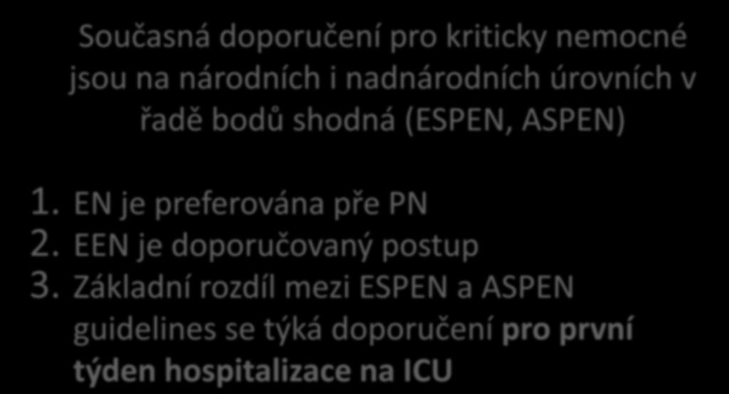 GUIDELINES Současná doporučení pro kriticky nemocné jsou na národních i nadnárodních úrovních v řadě bodů shodná (ESPEN, ASPEN) 1.