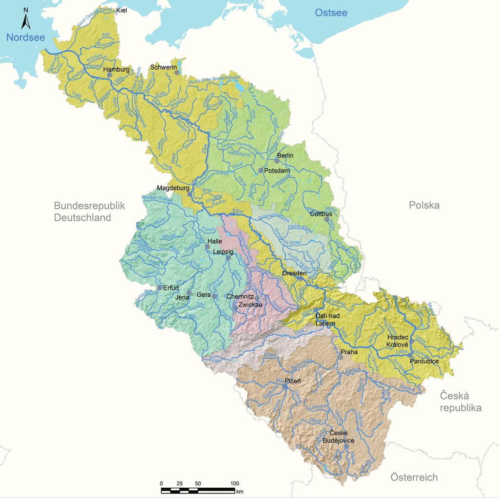 Tab. 1-1: Povodí Labe Plocha povodí Labe: 148 268 km2 z toho: Česká republika 49 933 km2 (33,68 %) Německo 97 175 km2 (65,54 %)
