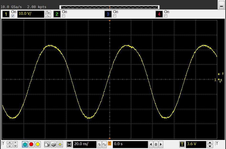 Obrázek 5.5 Výstupní průběh zesilovače ve třídě A na frekvenci 14 MHz. Obrázek 5.