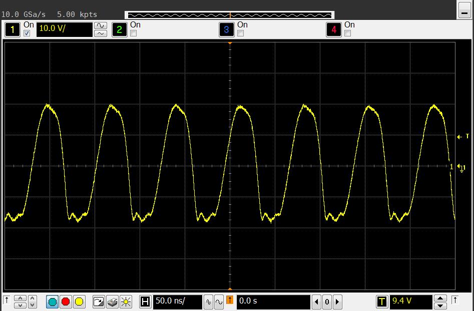 Obrázek 5.8 Výstupní průběh zesilovače ve třídě B na frekvenci 14 MHz. Obrázek 5.