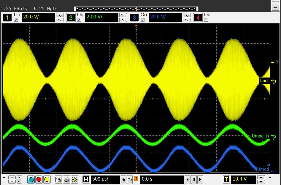 Obrázek 5.13 Průběh signálu při AM na frekvenci 7 MHz. Obrázek 5.14 Průběh signálu při AM na frekvenci 14 MHz. 5.3 Výstupní filtry Činnost výstupních filtrů byla ověřena jejich zařazením za výkonový zesilovač nastavený do třídy C (stejně jako na obrázcích 5.