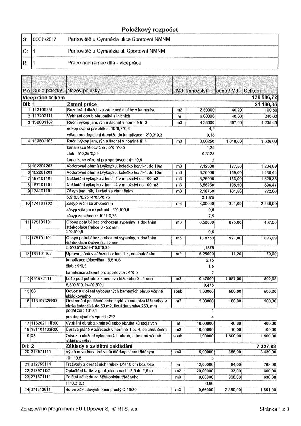 Položkový rozpočet S: O: R: 003b/2017 Parkoviště u Gymnázia ulice Sportovní NMNM Parkoviště u Gymnázia ul. Sportovní NMNM Práce nad rámec díla vícepráce P.