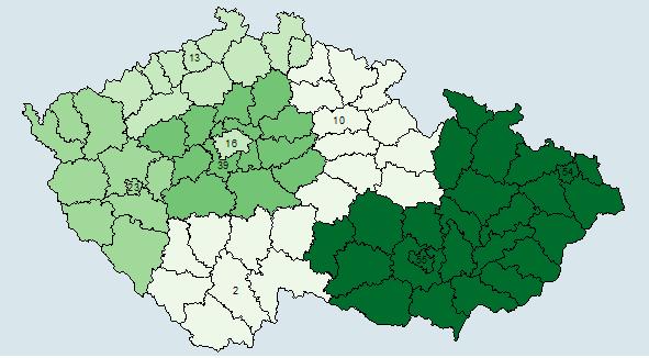 územních samosprávných celků členění České republiky na tzv. justiční kraje ukazuje mapa 2.