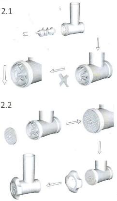 Na konce spirály nasuňte nože (5) ostrými hranami směrem ke spirále. 4. Jeden z filtrů (2, 3, 4) nasaďte na nože, viz obrázek. Otočte jím tak, aby kolíčky na mlýnku zapadly do otvorů ve filtru. 5.