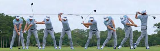 ZÁKLADY GOLFOVÉHO ŠVIHU (FULL SWING) Nápřah (backswing) Švih k míči (downswing) Kontakt s míčem (impact) Dokončení švihu (finish) Hůl odtahujeme pomalu a nízko při zemi Paže a trup se pohybují