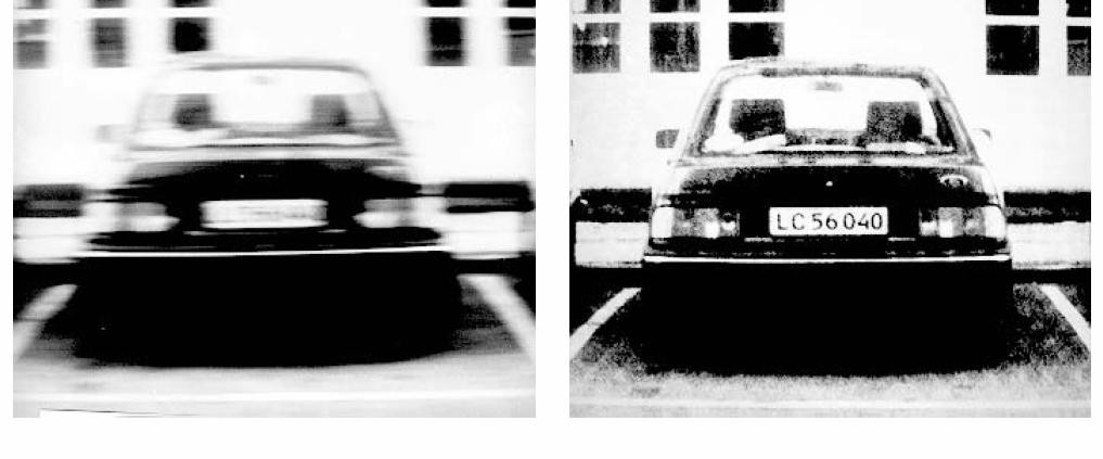 19 Obrázek 3.6: Vlevo: obraz rozmazaný pohybem o 5 pixelů ve směru osy x. Vpravo: výsledek restaurace Wienerovým filtrem. [3] 3.