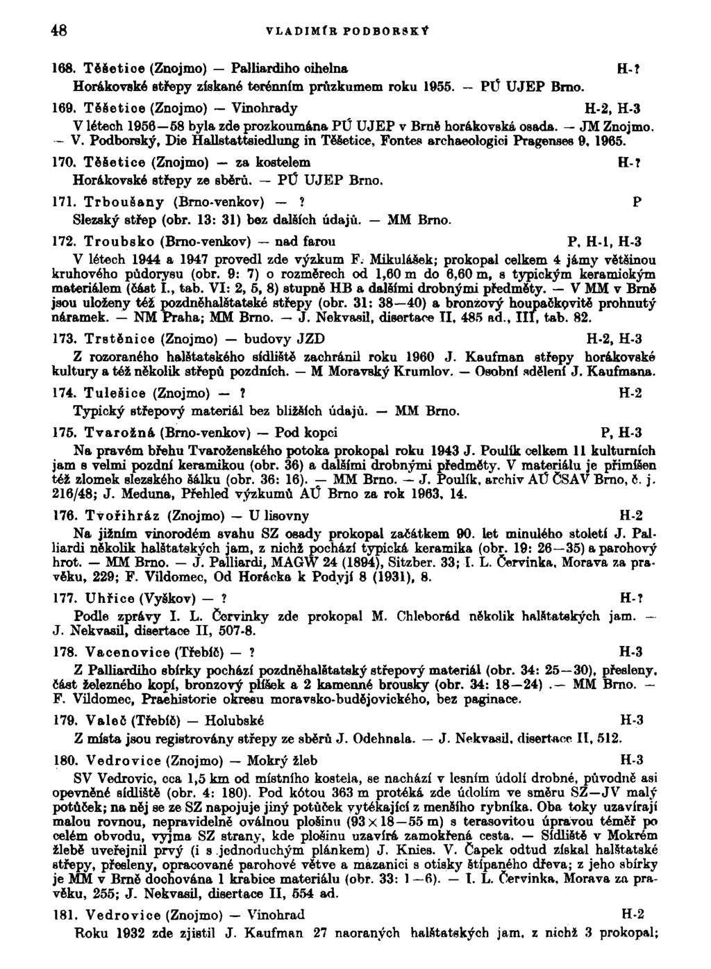 48 VLADIMÍR P0DB0R8KV 168. Těšetioe (Znojmo) Palliardiho cihelna H-í Horakovské střepy získané terénním průzkumem roku 1955. PŮ UJEP Brno. 169.
