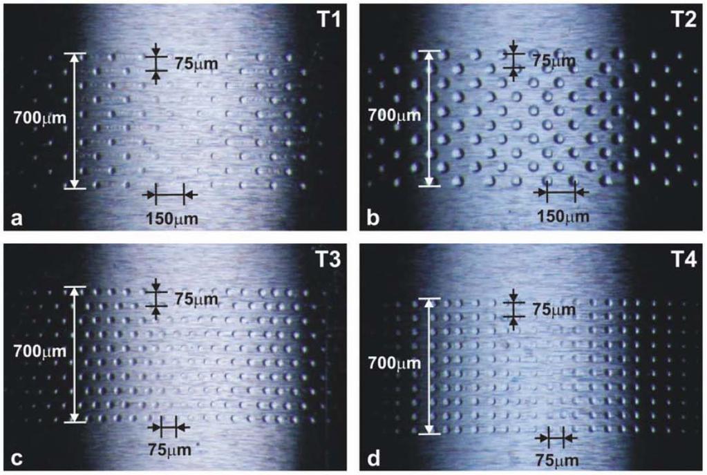 REALIZACE CÍLENÉ MODIFIKACE TOPOGRAFIE GEOMETRIE TEXTUR Textury T1, T2: mezi řadami: 75µm mezi vtisky: 150µm hloubka: 0,6 µm a 1,45 µm Textury T3, T4: mezi řadami: 75µm mezi vtisky: 75µm hloubka: 0,6