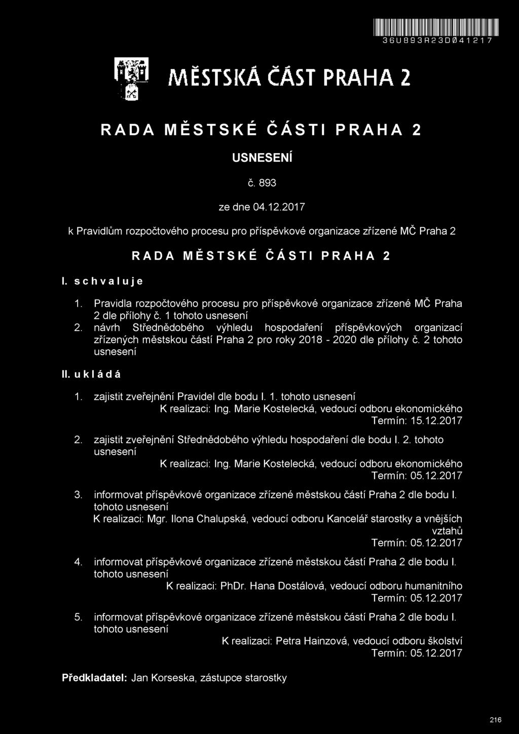 Marie Kostelecká, vedoucí odboru ekonomického Termín: 05.12.2017 3. informovat příspěvkové organizace zřízené městskou částí Praha 2 dle bodu I. tohoto usnesení K realizaci: Mgr.