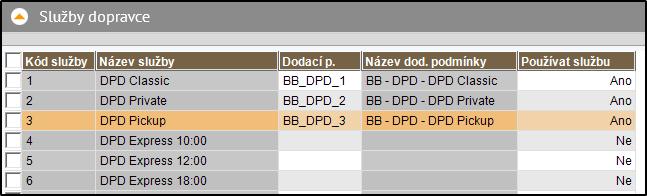 dopravce DPD a službu DPD Private s kódem 2: BB_DPD_2.