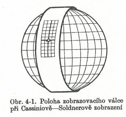 Cassini-Soldnerovozobrazení Příčné (transverzální) válcové zobrazení Osa válce leží v rovině rovníku, válec se dotýká zvláštního referenčního elipsoidu ve zvoleném základním poledníku, který prochází