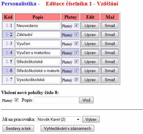 Opět lze editací číselníku doplňovat do jednotlivých karet vlastní položky viz obrázek níže. Nezadává se ale typ, protože ten je vždy formátu Datum.