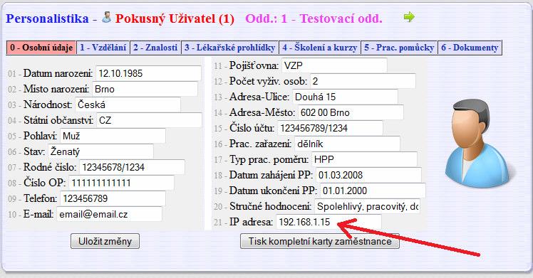 Zde najdete novou položku "IP adresa", u které zatrhnete volbu Platný a kliknete na tlačítko Uprav. Tím se povolí tato textová položka pro vyplňování v personalistice jednotlivých pracovníků.