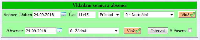 Nové záznamy seancí (pár příchod odchod) určujících dobu přítomnosti na pracovišti, se vkládají buď v modré horní části pomocí malé ikonky se znaménkem + (plus) vedle datumu, nebo dole přes zelenou