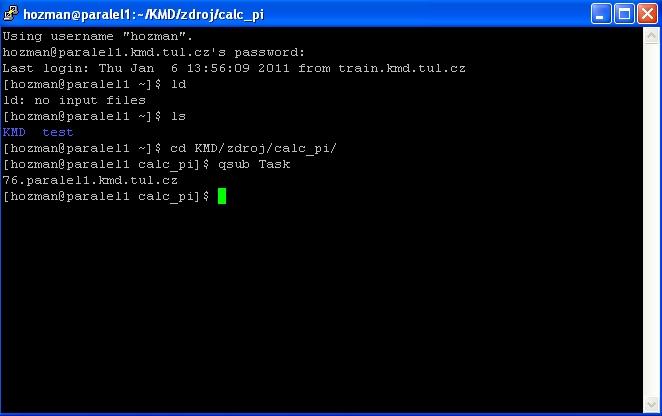 Paralelní spuštění úlohy - krok 5 (Windows + Linux) zařazení úlohy do fronty - příkaz qsub Task úloze je