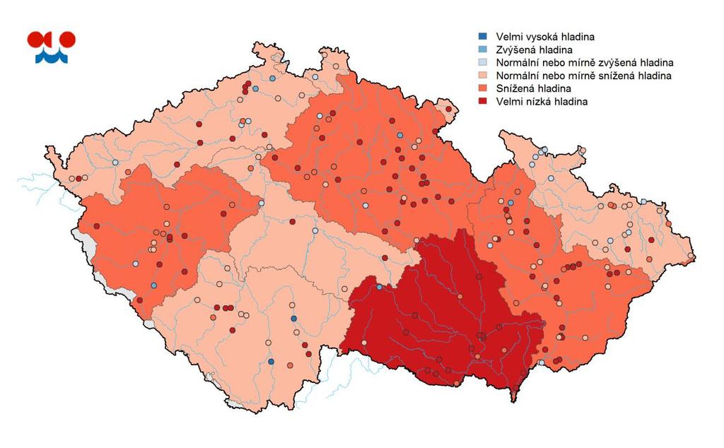 Tabulka: Stav hladiny v mělkých vrtech hodnocený dle pravděpodobnosti překročení v % objektů Povodí velmi nízká hladina snížená hladina hladina okolo normálu nebo mírně snížená hladina okolo normálu