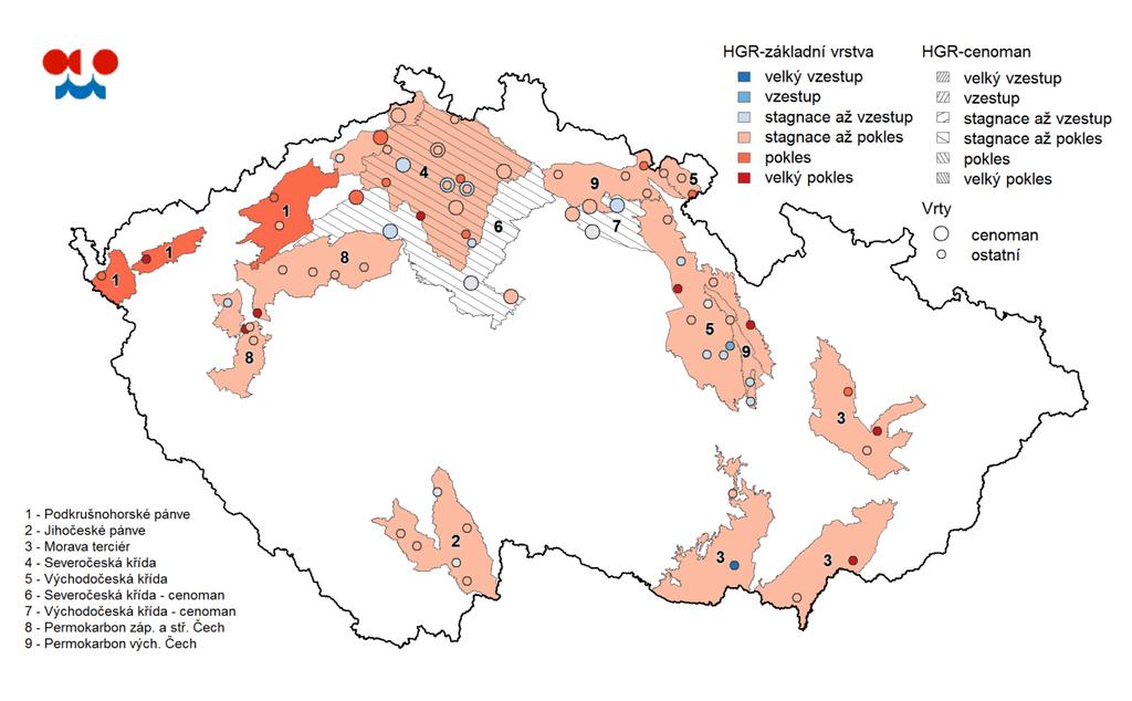 Mapa: Změna hladin v hlubokých vrtech v