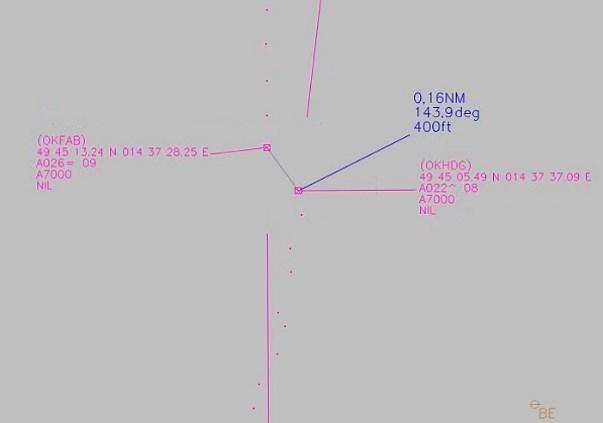 Obrázek č. 2 Polohy letounů v 16:04:40. V hlášení instruktor sdělil, že během stoupání mezi první a druhou zatáčkou si všiml letounu letícího protisměrně v kolizním kurzu.