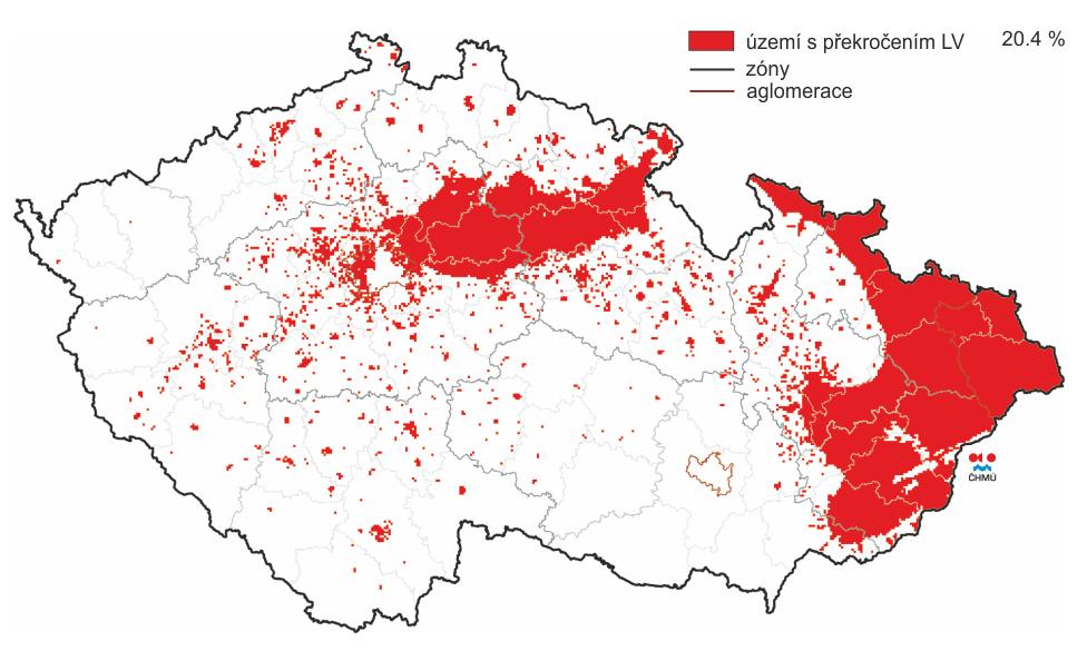 Obrázek 2: Překročení imisních limitů pro ochranu zdraví lidí pro rok 2015 v ČR bez přízemního ozonu Zdroj: http://portal.chmi.cz/files/portal/docs/uoco/isko/grafroc/15groc/gr15cz/png/ovii1.png 2.