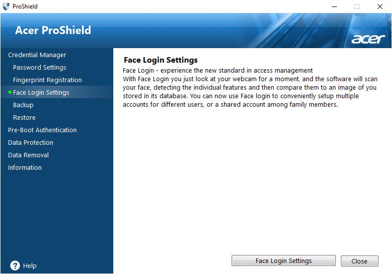 Acer ProShield - 41 Nastavení funkce Přihlášení pomocí obličeje Místo zadání