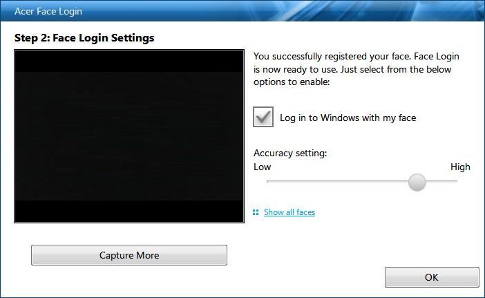 42 - Acer ProShield Zkontrolujte zaregistrovaný snímek vašeho obličeje a vyberte možnost [Log in to Windows with my