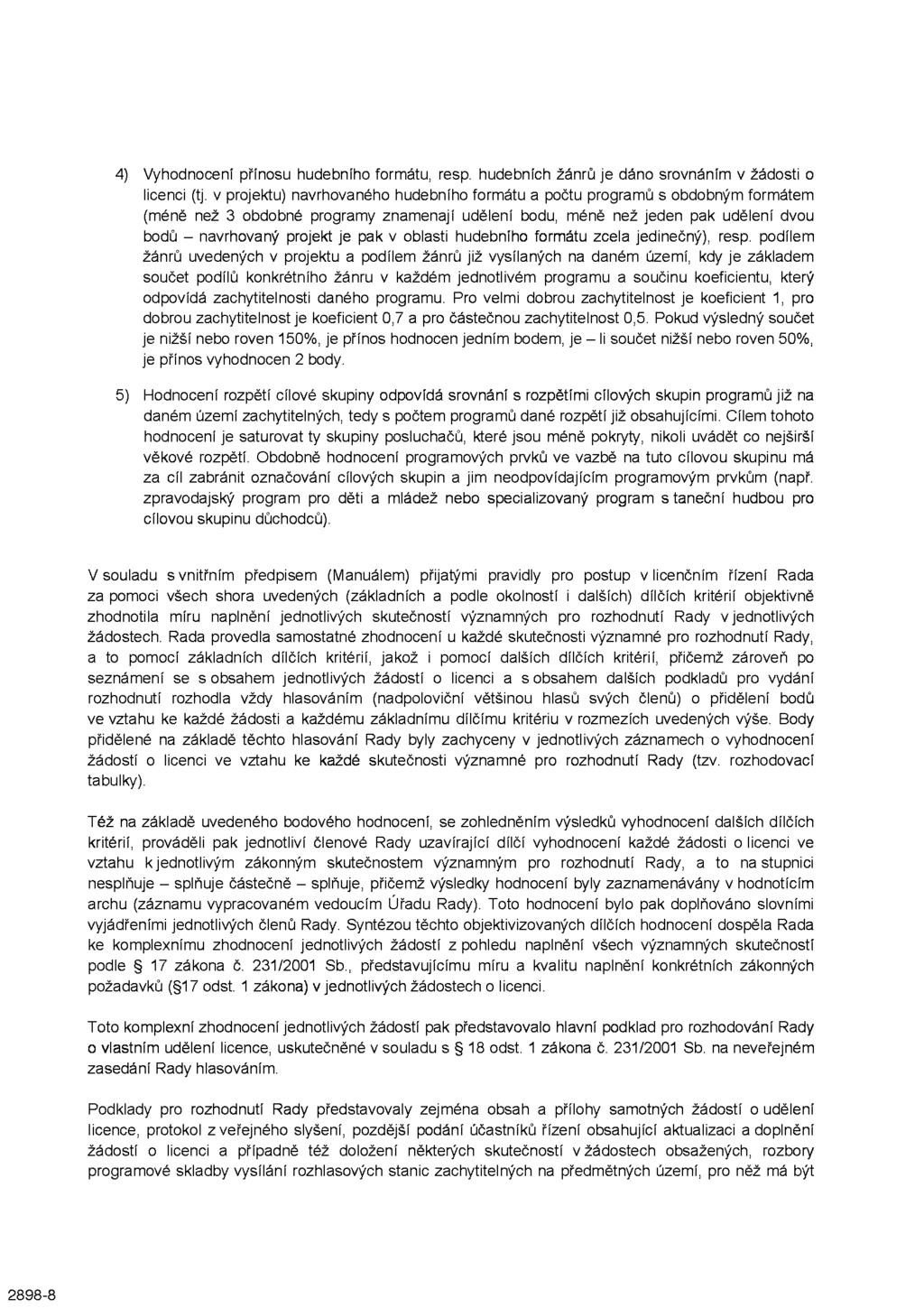 2898-8 4) Vyhodnocení přínosu hudebního formátu, resp. hudebních žánrů je dáno srovnáním v žádosti o licenci (tj.