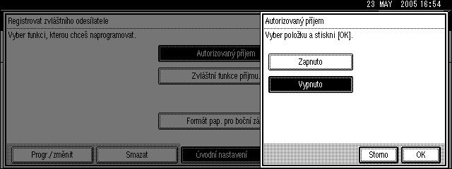 Obrázek ukazuje displej Autorizovanî pøíjem jako pøíklad. Programování formátu papíru pro boèní zásobník 9 A Stisknìte [Formát pap. pro boèní zás.]. Mùôete vybrat velikost [Auto Detekce], [Standard.