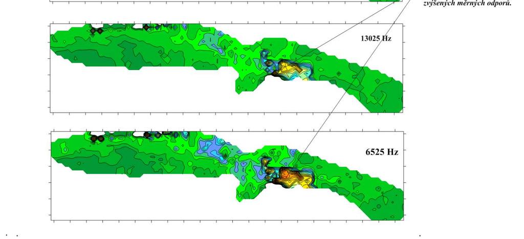 Hřbet podložních hornin s vyššími odpory se postupně se zvyšujícím se hloubkovým dosahem projevuje výrazněji (žlutohnědá anomálie ve 2/3 území zleva).