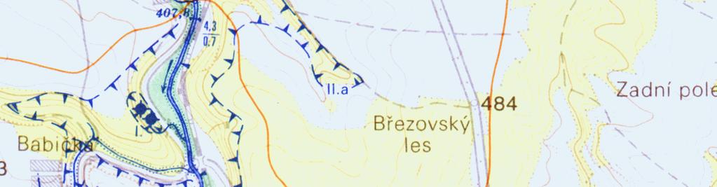 Obr.1.2. Výřez státní vodohospodářské mapy (Výzkumný ústav vodohospodářský TGM Praha) Na obr. 1.2. jsou vyznačena ochranná pásma II. stupně kolem jímacího území podzemních vod. Pásmo II.