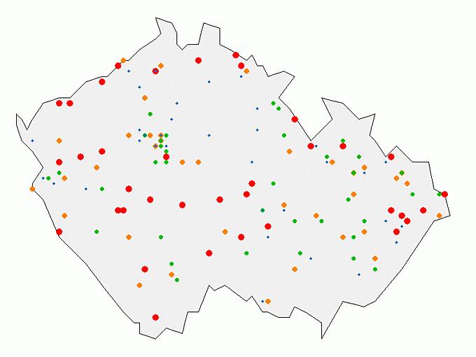 Každé stanici jsem přiřadil barvu skupiny, kam jsem ji zařadil a ještě zdůraznil velikostí značky: Obr.