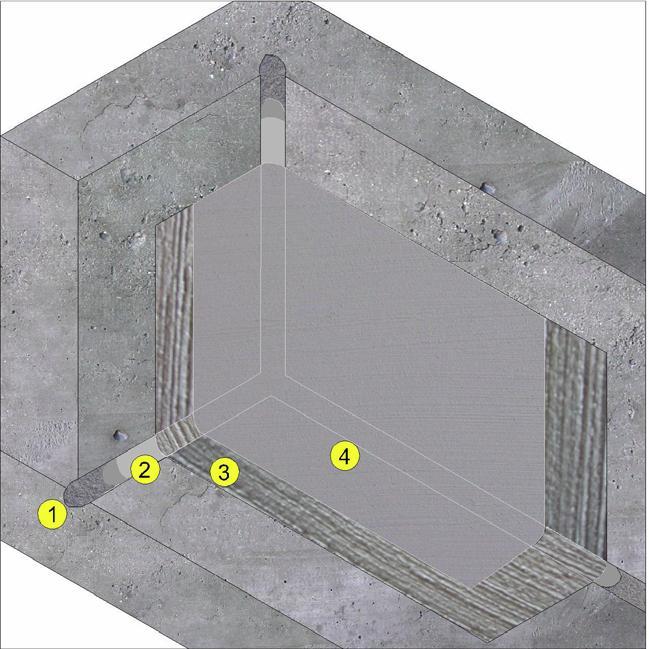 Hydroizolace styků Hydroizolace se provádí dvěma vrstvami MAXSEAL FLEX (3 a 4). Do první vrstvy se vloží armovací tkanina ze skleněných vláken o šířce 20 cm na každou stranu styku (Obr. 9).