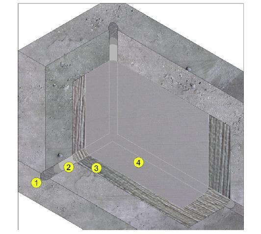 d) Během provádění hydroizolace nádrže se spára ošetří vložením armovací síťky ze skleněných vláken do první vrstvy nátěru (3) pro zvýšení odolnosti proti případnému tahovému napětí a pro jeho lepší