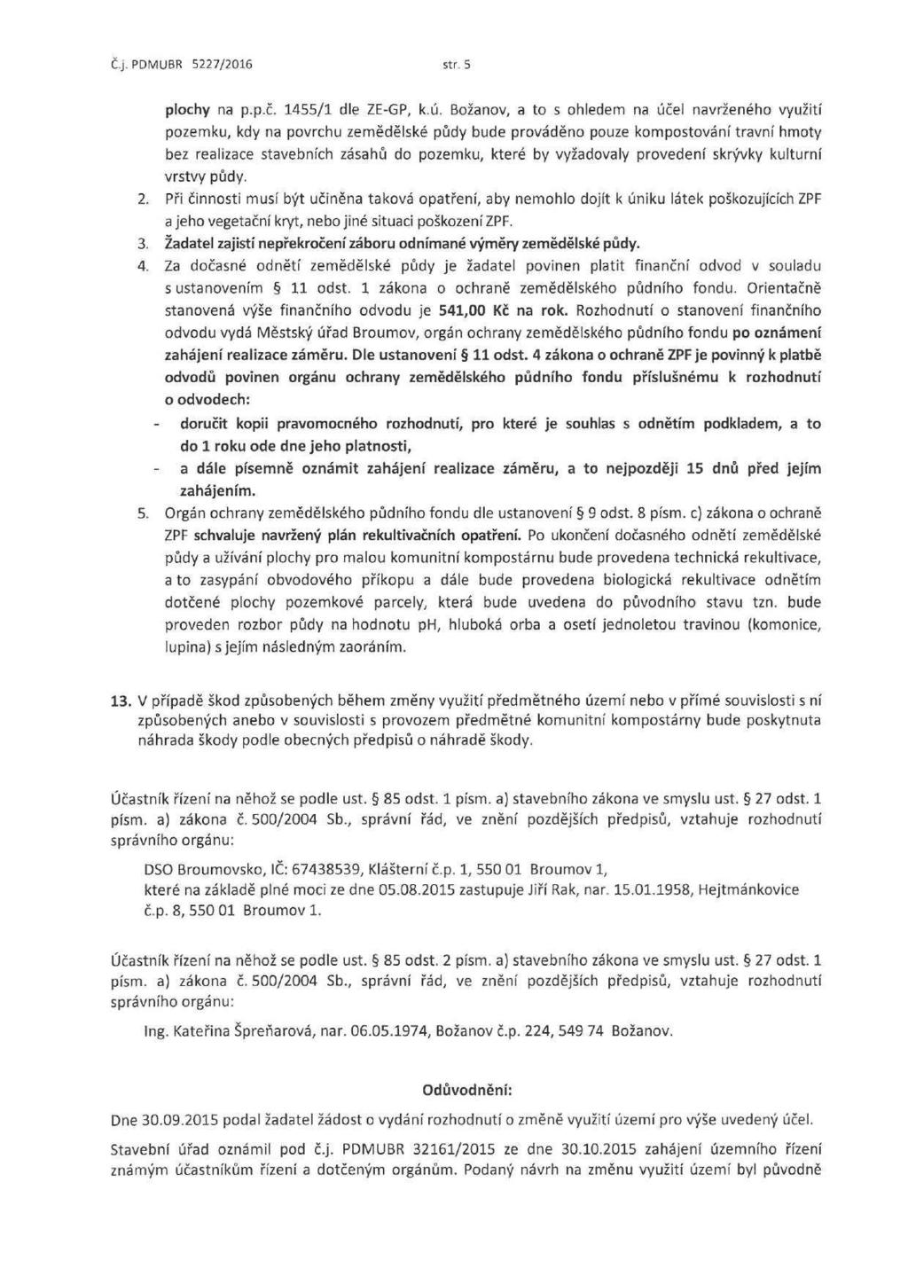 Č.j. PDMUBR 5227/2016 str. 5 plchy na p.p.č. 1455/1 dle ZE-GP, k.ú.