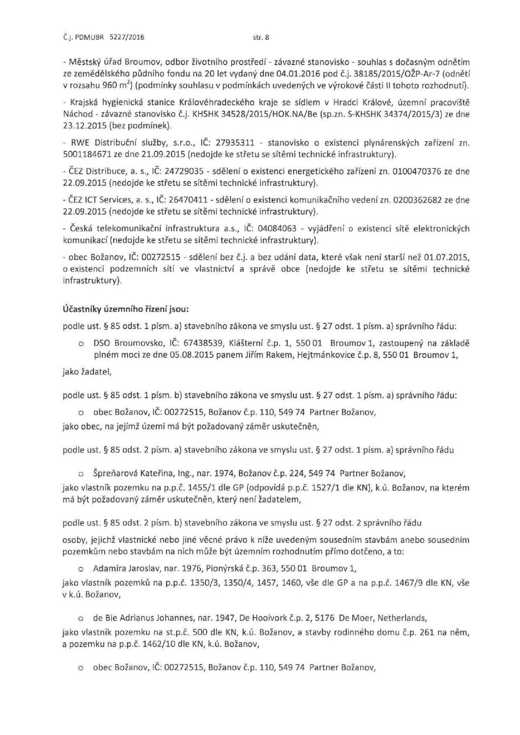 Č.j. PDMUBR 5227/2016 str. 8 - Městský úřad Brumv, dbr živtníh prstředí - závazné stanvisk - suhlas s dčasným dnětím ze zemědělskéh půdníh fndu na 20 let vydaný dne 04.01.2016 pd č.j. 38185/2015/OŽP-Ar-7 (dnětí v rzsahu 960 m 2 ) (pdmínky suhlasu v pdmínkách uvedených ve výrkvé části II tht rzhdnutí).