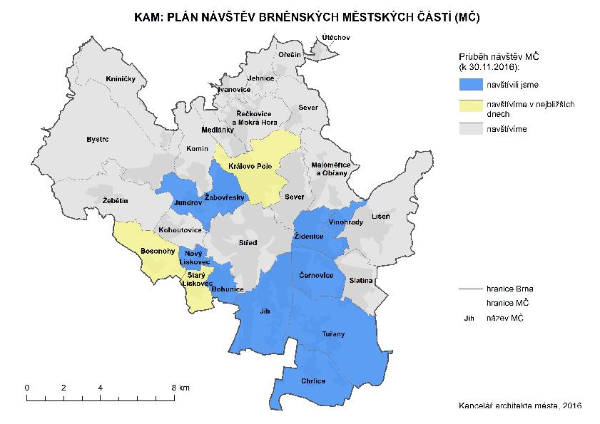 Návštěvy městských částí Organizace začala vykonávat svoji funkci od samotného vzniku. KAM postupně navštívil 16 městských částí.