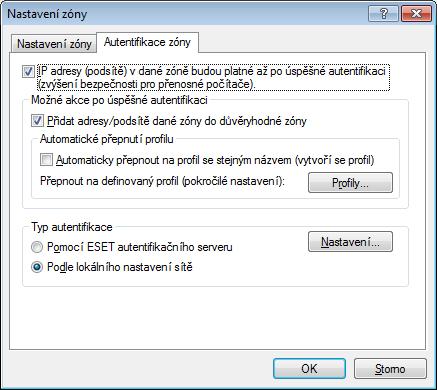 autentifikaci sítě nový profil. Klikněte na tlačítko Profily... pro další nastavení profilů personálního firewallu.
