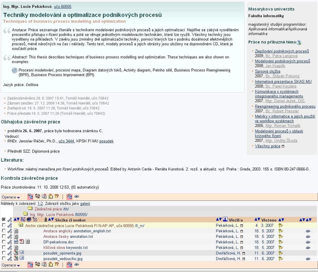 Archiv závěrečných prací MU Obsahuje: Metadata (anotace, klíčová slova, ) Plný text práce Přílohy