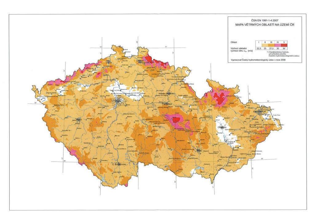 Větrné oblasti na území České republiky Podle národního dodatku k ČSN EN 1991-1-4 je třeba při výpočtu zatížení větrem zohlednit mj. mapu větrných oblastí a kategorii terénu.