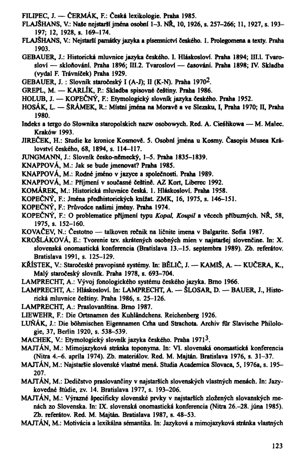FILIPEC, J. ČERMÁK, F.: Česká lexikológie. Praha 1985. FLAJŠHANS, V.: Naše nejstarší jména osobní 1-3. NR, 10,1926, s. 257-266; 11, 1927, s. 193-197; 12, 1928, s. 169-174.