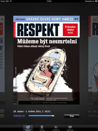 ipad aplikace Respektu obsahuje jak 100% obsah tištěného časopisu (ikona Časopis) plus také náhled do webu Respekt.