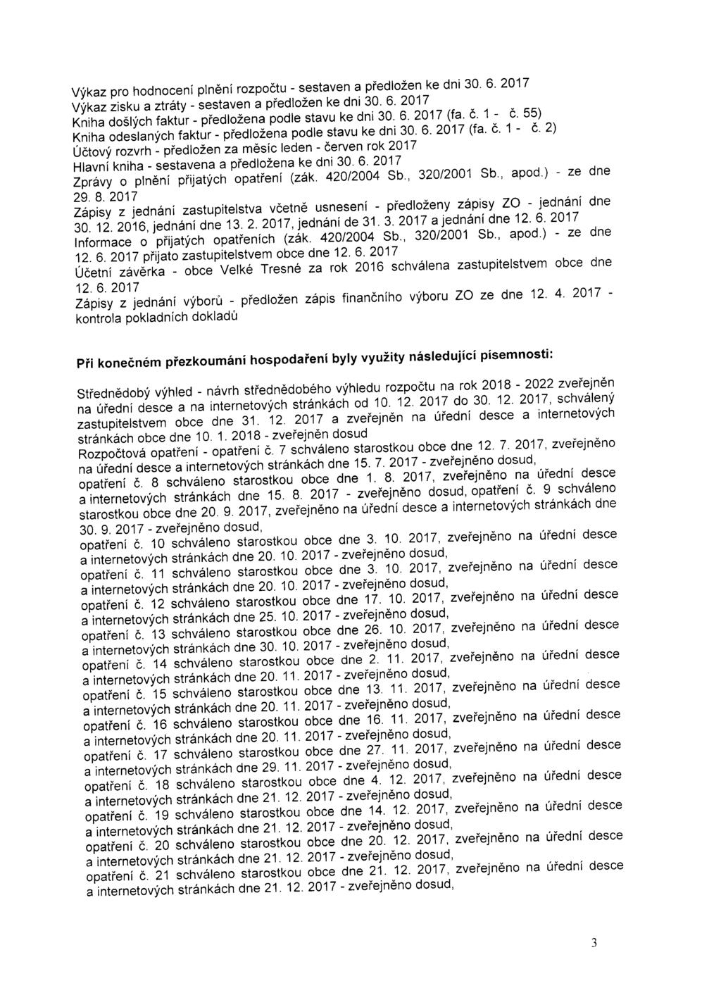 Vykaz pro hodnoceni plneni rozpoctu - sestaven a predlozen ke dni 30. 6. 2017 Vykaz zisku a ztraty - sestaven a predlozen ke dni 30. 6. 2017 Kniha doslych faktur - predlozena podle stavu ke dni 30. 6. 2017 (fa.
