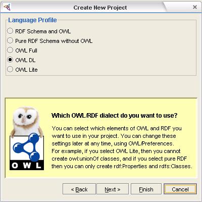 ontologií. V posledním dialogovém okně je třeba zvolit úroveň OWL, která bude pro ontologii použita.