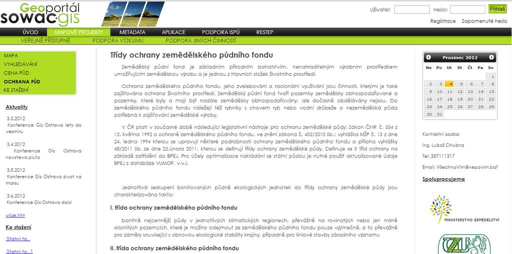 Obr. 16. Ukázka prezentace textové dokumentace na Sowac Gis (název projektu Charakteristiky BPEJ) 5.2.