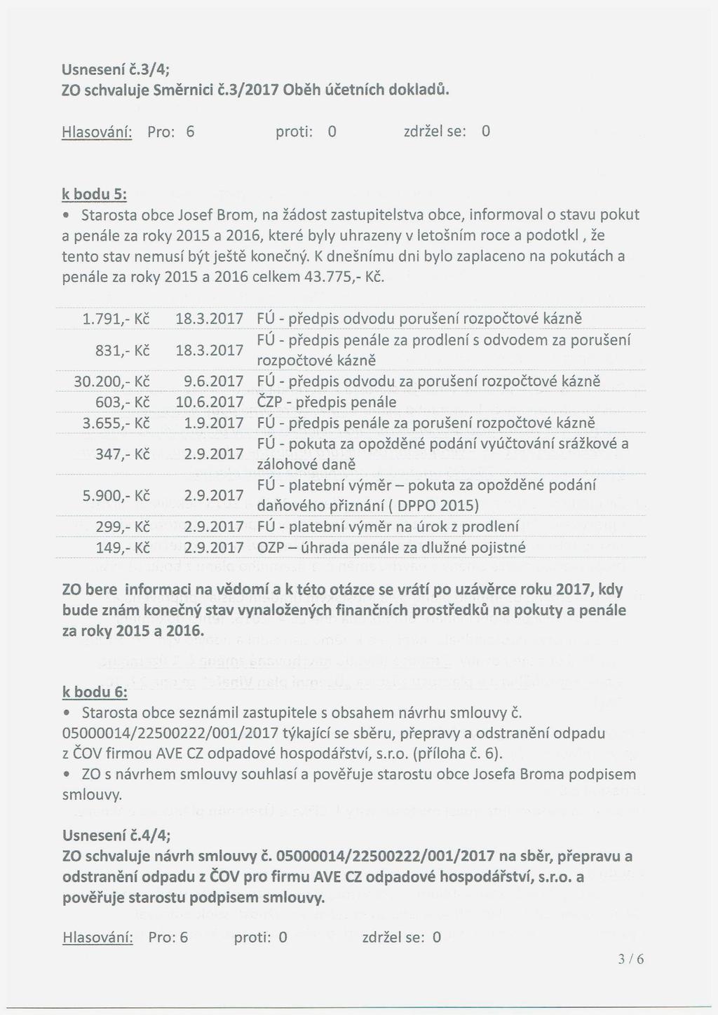 Usnesení č.3/4; ZO schvaluje Směrnicí č.3/2017 Oběh účetních dokladů.