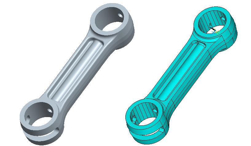 PŘÍPRAVA MODELŮ K PEVNOSTNÍ ANALÝZE Obr. 5.1: Ukázka modelu vedlejší ojnice v prostředí programů Pro ENGINEER (vlevo) a ANSYS (vpravo) Obr. 5.2: Sloučený model šroubů s ojnicí, hlavní ojnice 2 (vlevo), hlavní ojnice 1 (vpravo) 5.