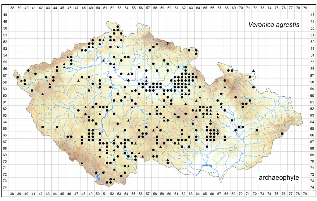 Author of the map: Pavel Dřevojan, Jiří Danihelka Map produced on: 15-10-2017 Distribution of Veronica agrestis in the Czech Republic Database records used for producing the distribution map of
