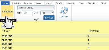 1.1. Přidat jízdu Jde o zapisování tzv. vozáků. Je zde povinný údaj o čase začátku jízdy. Konec je dopočítán automaticky (počet hodin x 45 min). Je zde uplatněno několik stupňů ochrany.