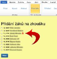 6.2.Žáci na zkoušce 6.2.1. Přidat žáky Funkce nabídne žáky, kteří mají ukončený výcvik a nemají stav hotovo, tedy nemají všechny zkoušky s hodnocením prospěl.