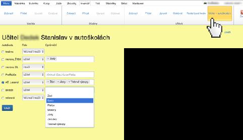 7.3.7. Učitel v autoškolách Umožní zobrazit jednoho učitele a přidělit mu oprávnění v konkrétních autoškolách. postup je následující: 1.